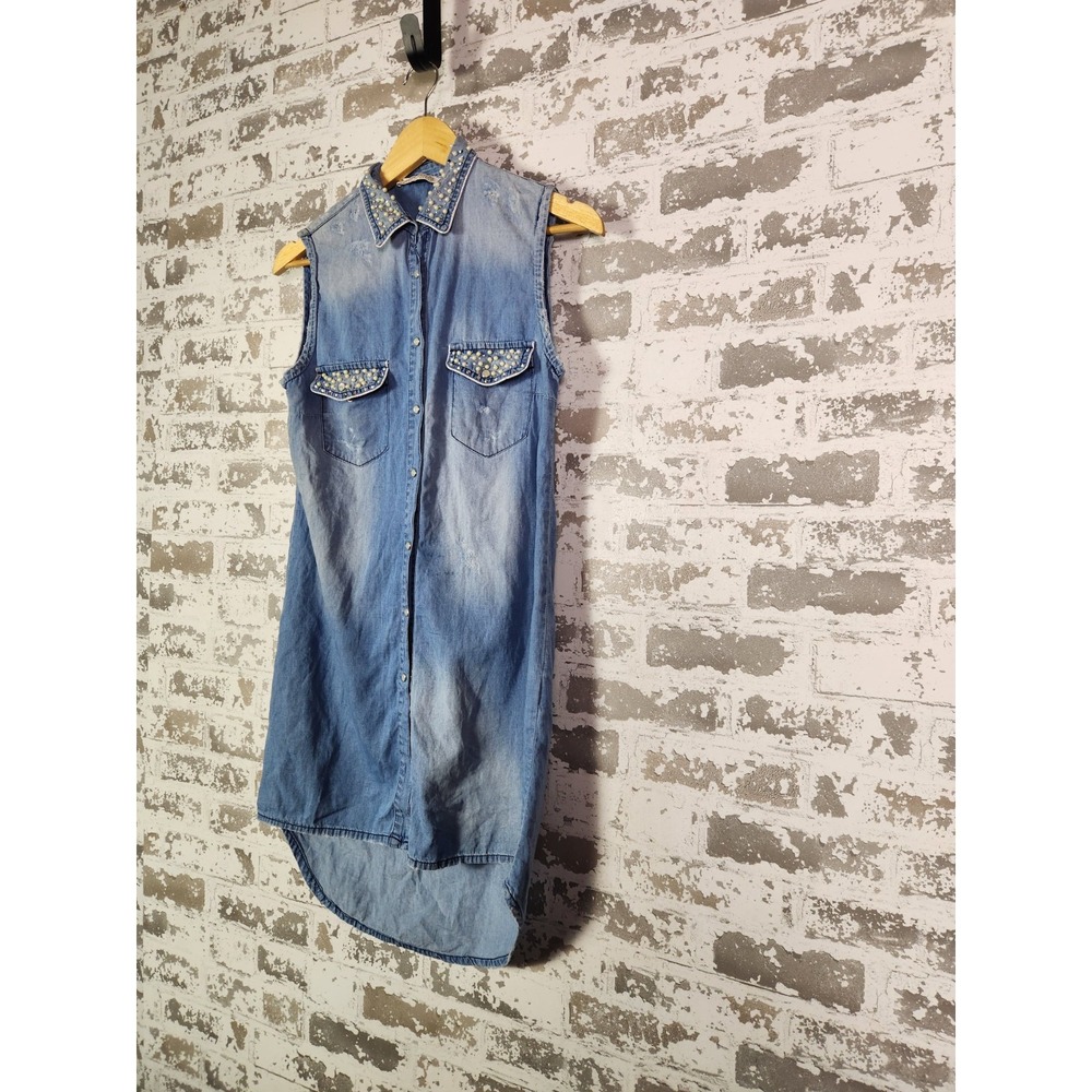 Denim Rhinestone Shirt Size Small Blue‎ Embellished Distressed Country Cowgirl - Picture 7 of 16